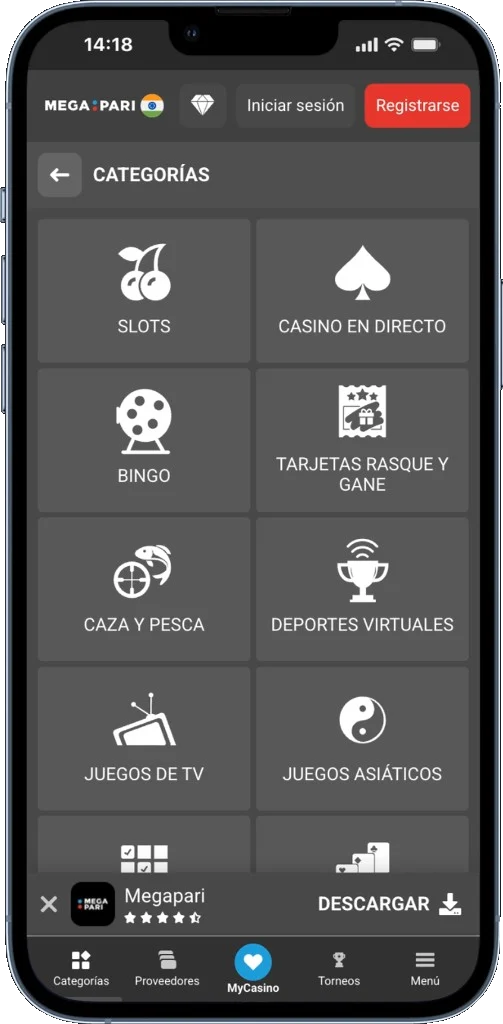Megapari app – Categorías de juegos