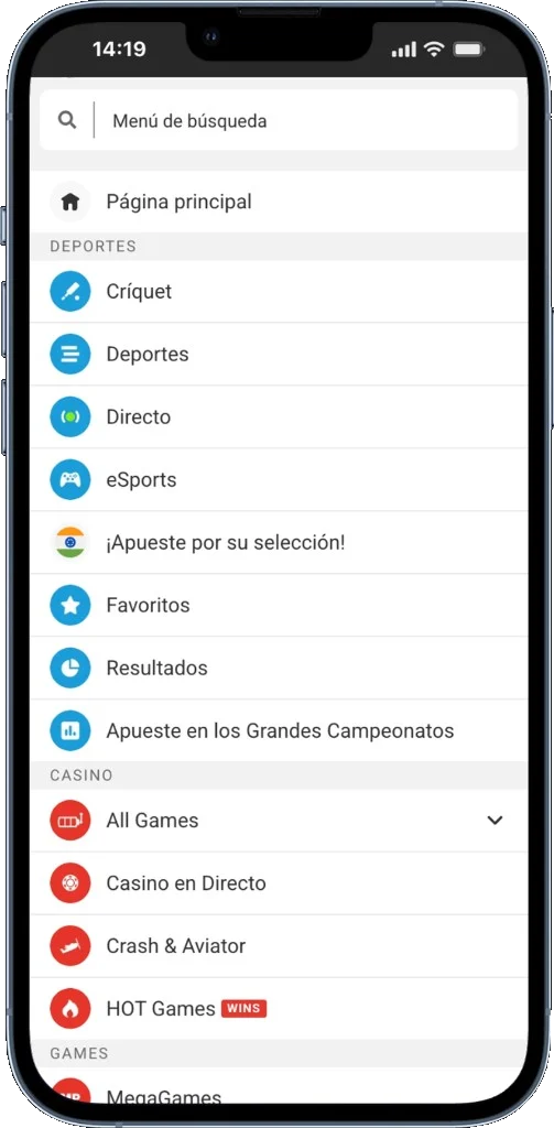 Megapari app – Menú principal